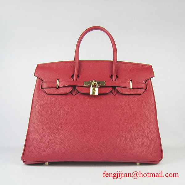 Hermes 35cm Embossed Veins Leather Bag Red 6089 Gold Hardware